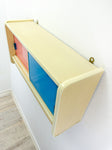 1950s midcentury wooden KITCHEN WALL CABINET pink blue sliding doors