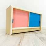 1950s midcentury wooden KITCHEN WALL CABINET pink blue sliding doors