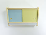 1950s midcentury KITCHEN WALL CABINET vanilla yellow blue sliding doors