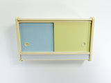 1950s midcentury KITCHEN WALL CABINET vanilla yellow blue sliding doors