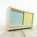 1950s midcentury KITCHEN WALL CABINET vanilla yellow blue sliding doors