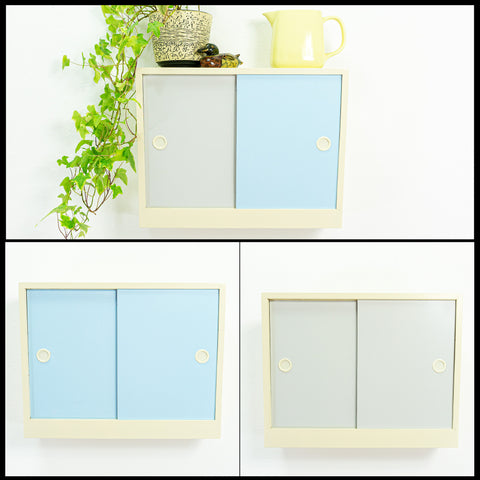 Lovely 1950s wooden vintage wall cabinet with glass shelves, gray baby-blue
