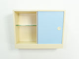 Lovely 1950s wooden vintage wall cabinet with glass shelves, gray baby-blue