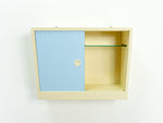 Lovely 1950s wooden vintage wall cabinet with glass shelves, gray baby-blue