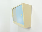 Lovely 1950s wooden vintage wall cabinet with glass shelves, gray baby-blue