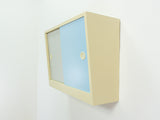 Lovely 1950s wooden vintage wall cabinet with glass shelves, gray baby-blue