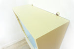 Lovely 1950s wooden vintage wall cabinet with glass shelves, gray baby-blue