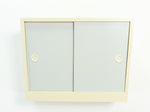 Lovely 1950s wooden vintage wall cabinet with glass shelves, gray baby-blue