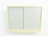 Lovely 1950s wooden vintage wall cabinet with glass shelves, gray baby-blue