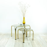 TWO 1970s NESTING TABLES with smoked glass top, golden chromed metal