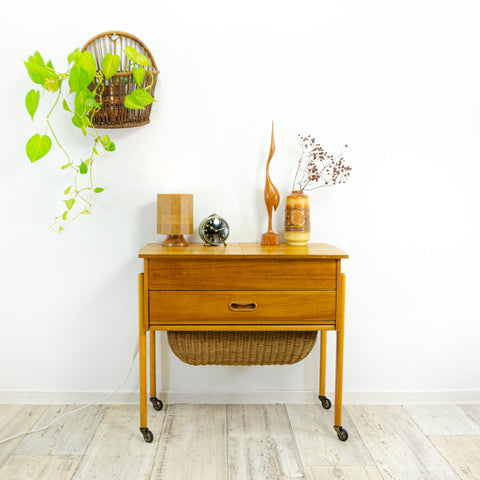 1960s DANISH DESIGN Sewing Table CART, drawer and wicker basket
