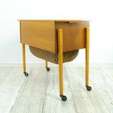 1960s DANISH DESIGN Sewing Table CART, drawer and wicker basket