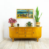 XXL 1960s midcentury maple wood SIDEBOARD Cabinet LOWBOARD with glass top