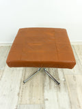 Square 1970s brown LEATHER FOOTSTOOL OTTOMAN chrome cross foot