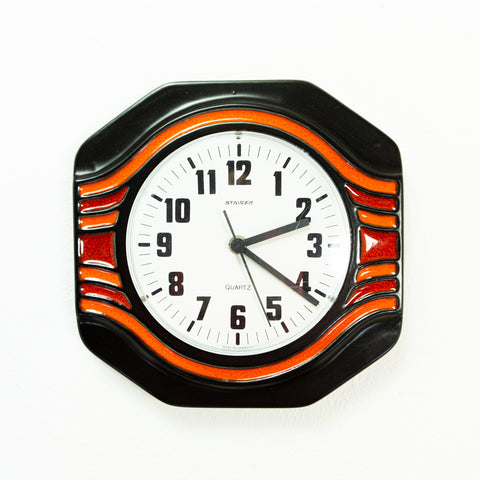 Funky black orange red 1970s Ceramic WALL CLOCK by Staiger Westgermany