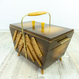 1960s flamed WOODEN SEWING or Jewelry BOX, golden handle, tapered feet