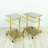 Two 1970s Golden Smoked Glass TEA TROLLEYS, bar carts, BEDSIDE TABLES