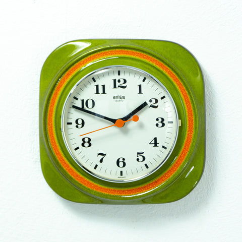 Extra silent! Green Orange Square 70s CERAMIC WALL CLOCK by Emes Germany