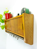 1960s midcentury wooden KITCHEN WALL CABINET with sliding doors, curtain rail, hooks
