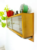 1950s midcentury WOODEN WALL CABINET, frosted glass sliding doors