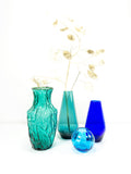 Set of 4 blue green 1970s GLASS VASES, midcentury vase vintage home decor