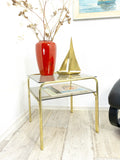 Square 1970s smoked GLASS GOLDEN CHROME coffee table with two tiers
