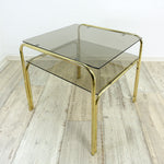 Square 1970s smoked GLASS GOLDEN CHROME coffee table with two tiers