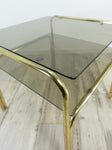 Square 1970s smoked GLASS GOLDEN CHROME coffee table with two tiers