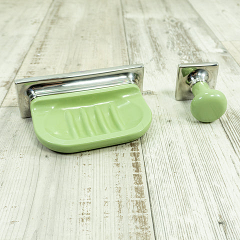 1970s green silver BATHROOM SET of soap dish and wall hook, stainless steel plastic