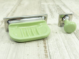 1970s green silver BATHROOM SET of soap dish and wall hook, stainless steel plastic