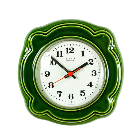 Moss Green 1970s midcentury ceramic WALL CLOCK by Weimar, Eastgermany