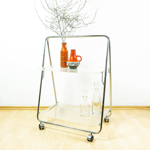 Rare 1980s Acrylic FOLDING CART, Chromed Serving Trolley Transparent Trays