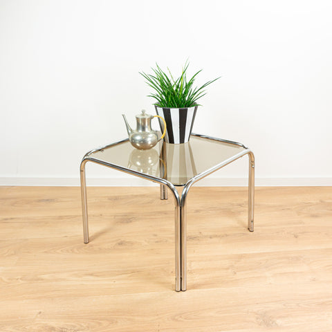XL Square 1970s Midecntury Smoked GLASS Chromed Coffee TABLE, Side End Table