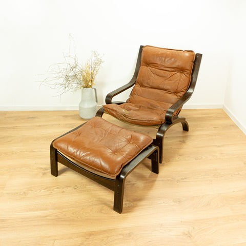 Original! 1960s Scandinavian Midcentury LEATHER LOUNGE SET Armchair And Ottoman