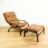 Original! 1960s Scandinavian Midcentury LEATHER LOUNGE SET Armchair And Ottoman