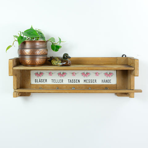 GERMAN Vintage Wooden KITCHEN SHELF, Antique Towel Holder With Ceramic Tiles