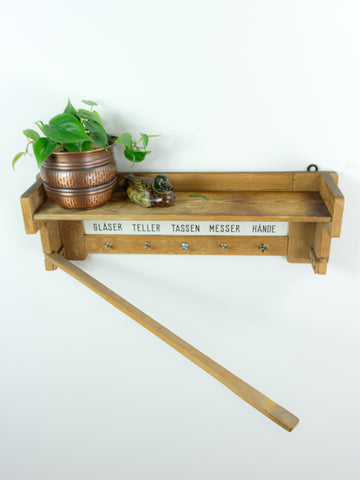 GERMAN Vintage Wooden KITCHEN SHELF Antique Towel Holder Ceramic