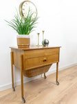 1960s DANISH DESIGN Sewing Table CART with drawers and wicker basket