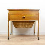 1960s DANISH DESIGN Sewing Table CART with drawers and wicker basket