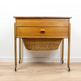 1960s DANISH DESIGN Sewing Table CART with drawers and wicker basket