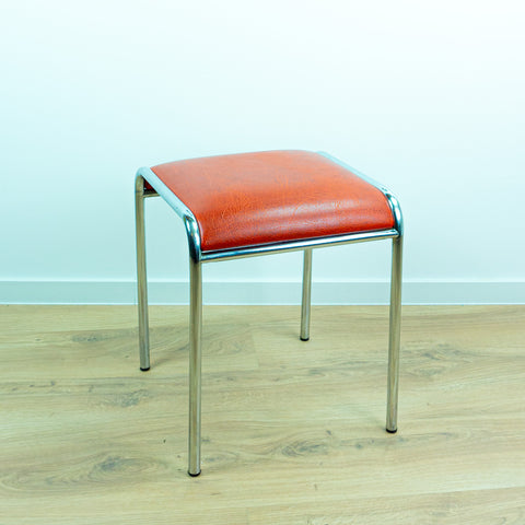 1960s Chromed Metal Red Faux-Leather Midcentury STOOL based on the BAUHAUS style