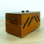 1940s-50s VINTAGE Brown Wooden CANTILEVER SEWING or Jewelry Box