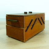 1940s-50s VINTAGE Brown Wooden CANTILEVER SEWING or Jewelry Box