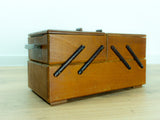 1940s-50s VINTAGE Brown Wooden CANTILEVER SEWING or Jewelry Box