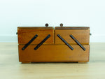 1940s-50s VINTAGE Brown Wooden CANTILEVER SEWING or Jewelry Box
