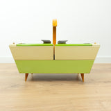 Extraordinary 1960s midcentury SEWING or JEWELRY BOX, lime beige orange