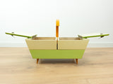 Extraordinary 1960s midcentury SEWING or JEWELRY BOX, lime beige orange