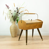 1960s Midcentury Wooden SEWING BOX with Handle on tapered LEGS