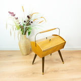 1960s Midcentury Wooden SEWING BOX with Handle on tapered LEGS