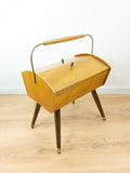 1960s Midcentury Wooden SEWING BOX with Handle on tapered LEGS